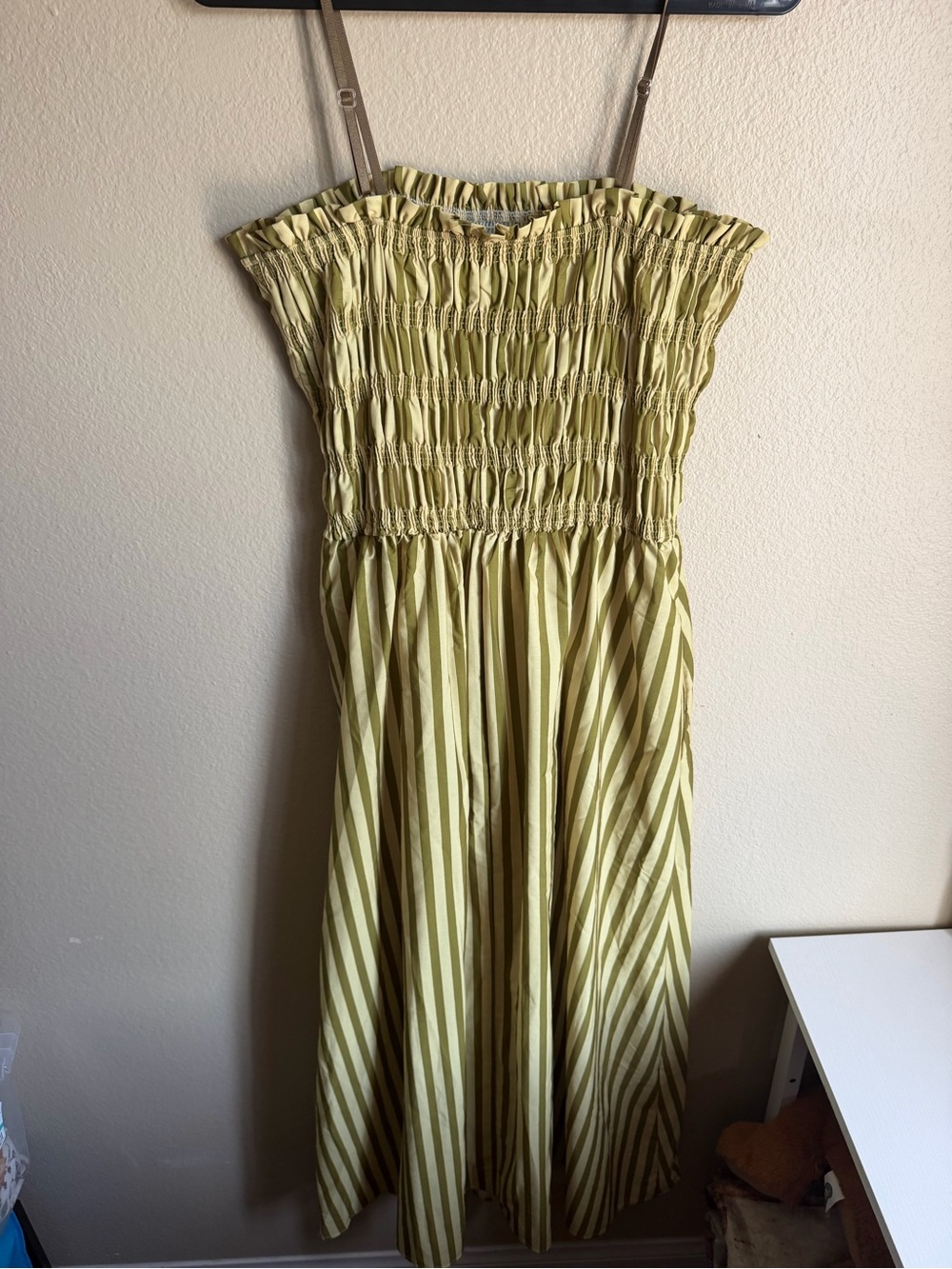 Smocked Olive Green Stripe Midi Dress
